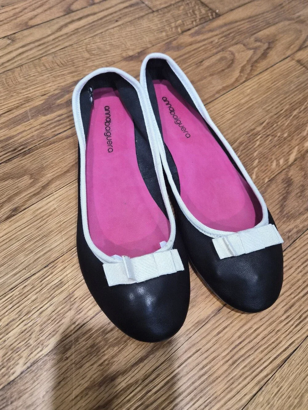 Anna‎ Baiguera Black Soft Leather Ballet Flats White Bow Trim EU 40 Italy